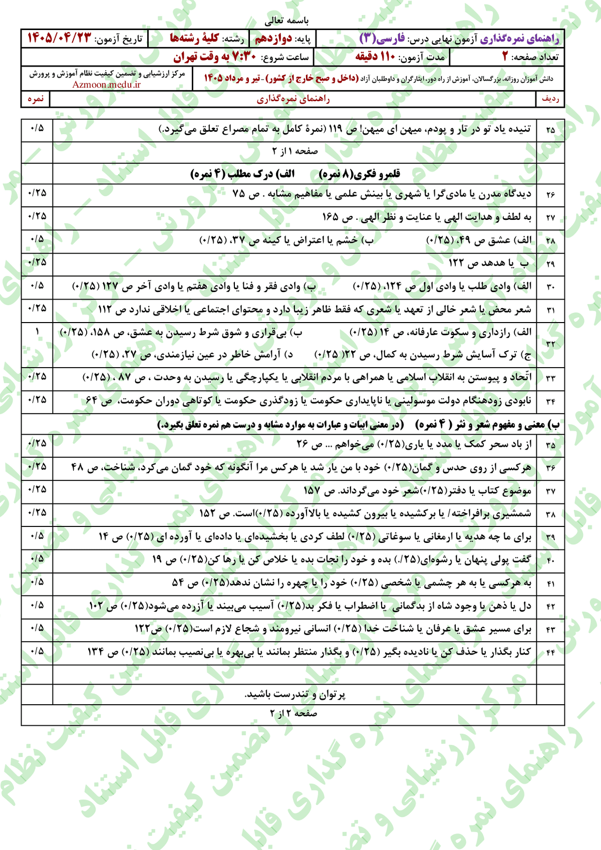 صفحه ۲ پاسخنامه ادبیات / فارسی ۳